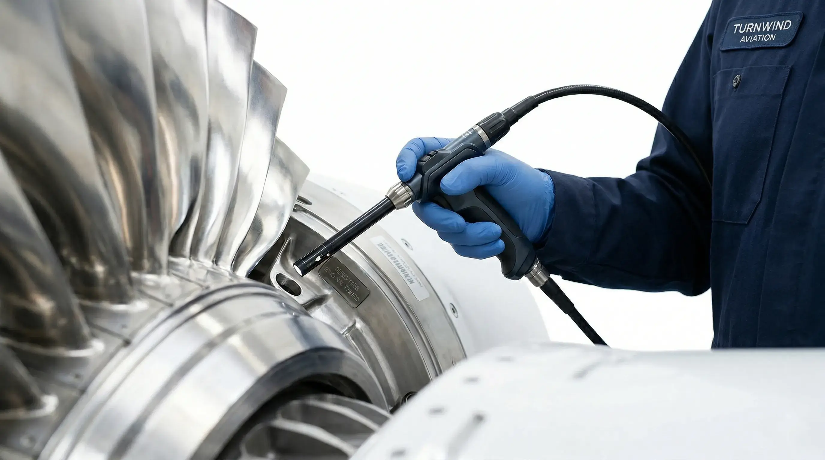 Macro photography of a commercial jet engine titanium fan blade being inspected, dark moody lighting, sharp focus on the metallic texture, premium corporate industrial aesthetic, depth of field.