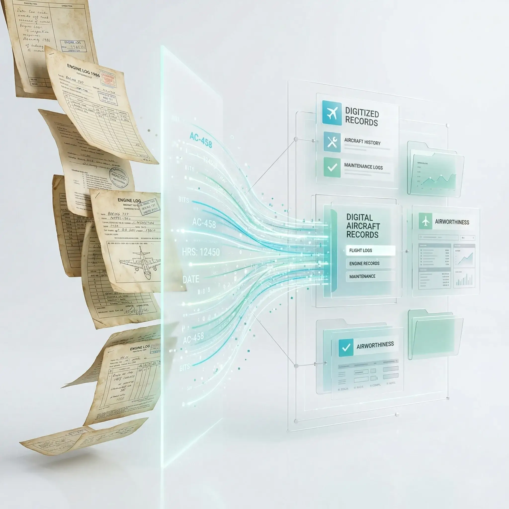 Concept visualization of aircraft technical records being digitized, indexed, and consolidated into a secure digital repository for fleet-wide access and pre-purchase due diligence.