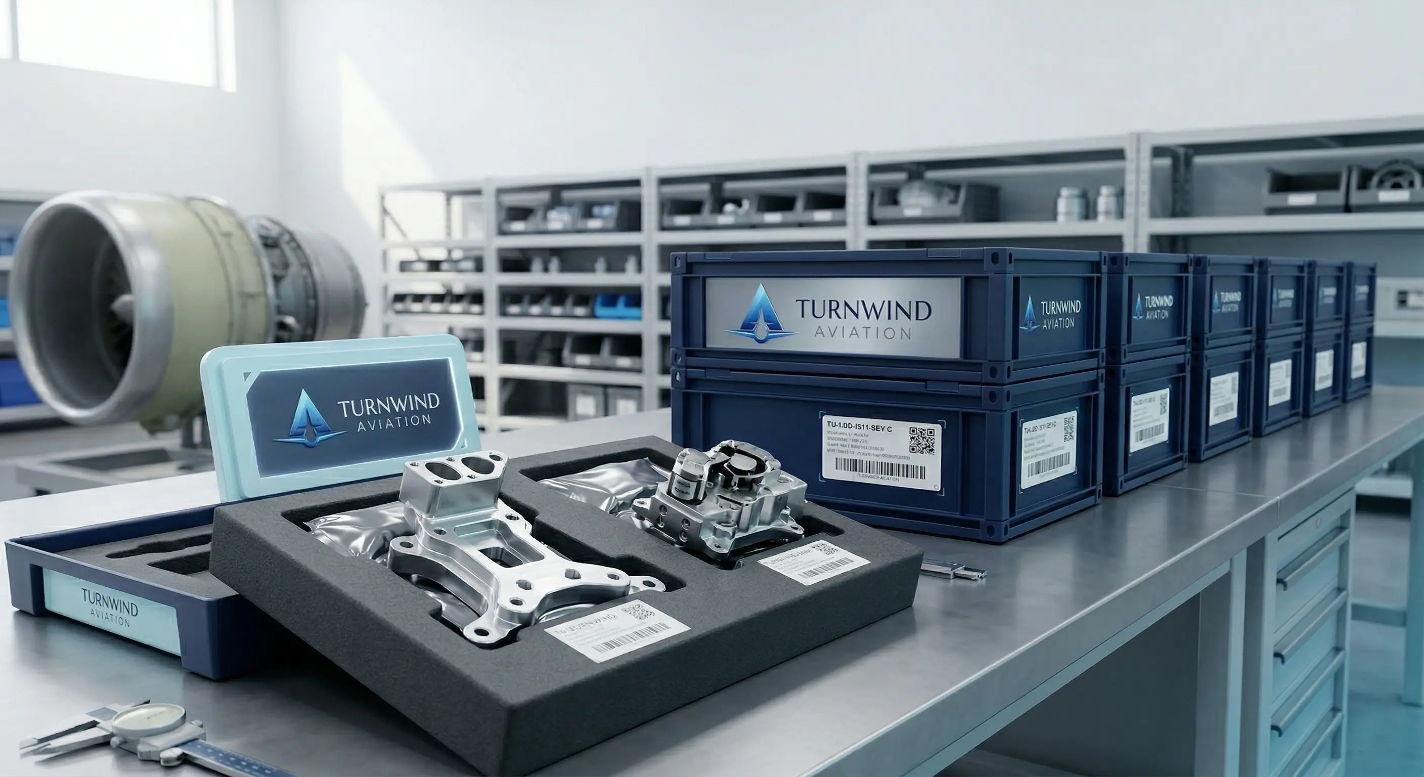 Precision machined aerospace components and Turnwind Aviation branded crates and tablet on a factory workbench, with a jet engine and organized shelving in a modern hangar.