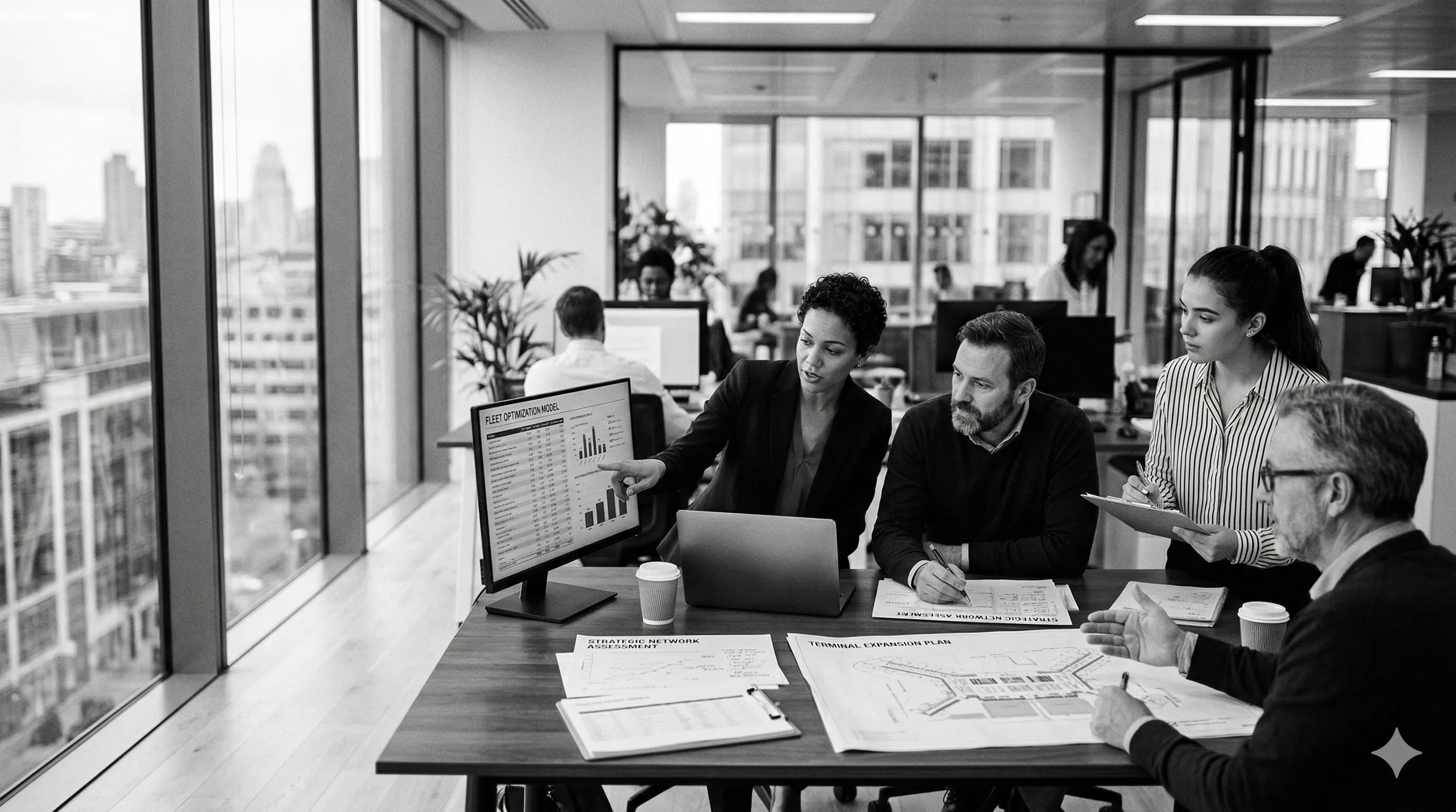 Team collaborating in a modern aviation consulting workspace